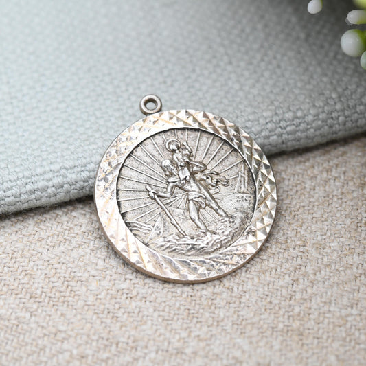 Vintage Sterling Silver St. Christopher Pendant Large Circle - Patron Saint of Travelling | Christian Religious Jewellery | Raised 3D Image