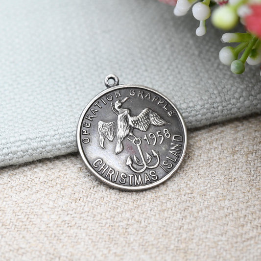 Operation Grapple 1958 Vintage Sterling Silver Pendant Christmas Island Bird Carrying Anchor - British Military Souvenir Kiritimati WH Darby
