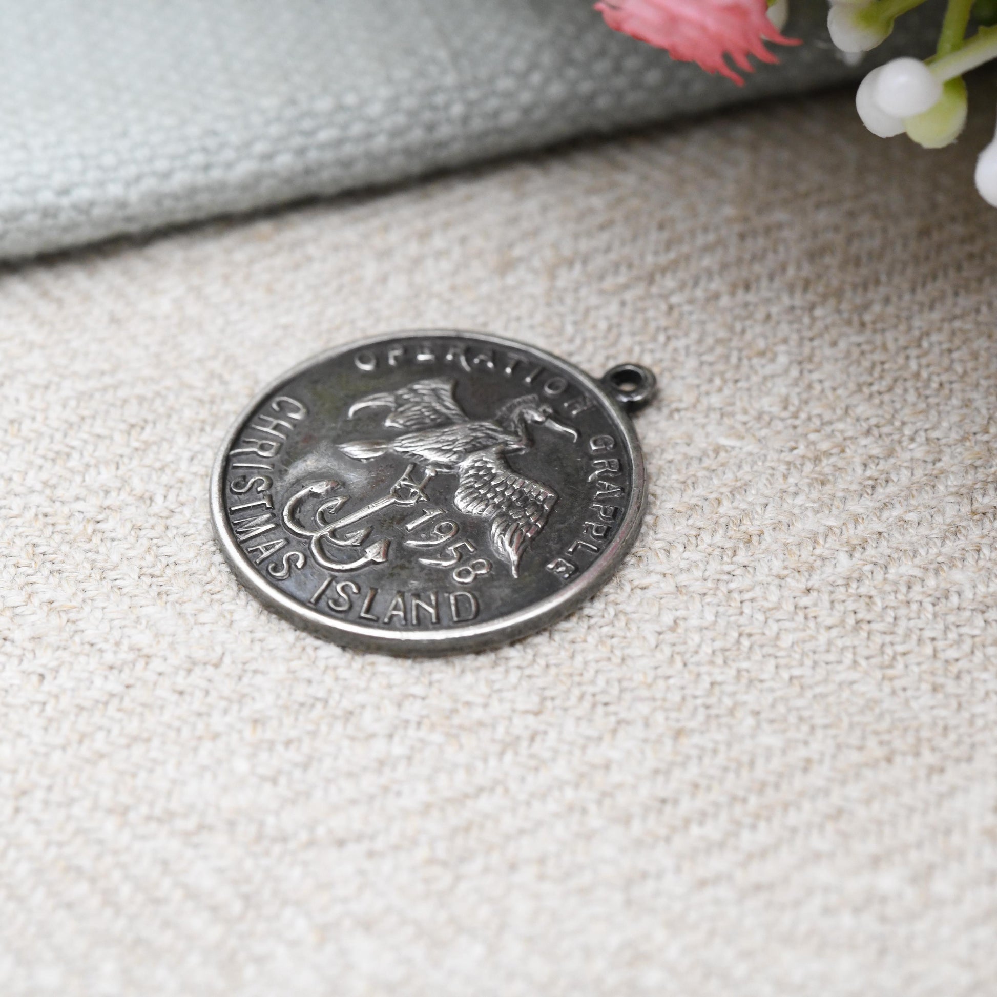 Operation Grapple 1958 Vintage Sterling Silver Pendant Christmas Island Bird Carrying Anchor - British Military Souvenir Kiritimati WH Darby