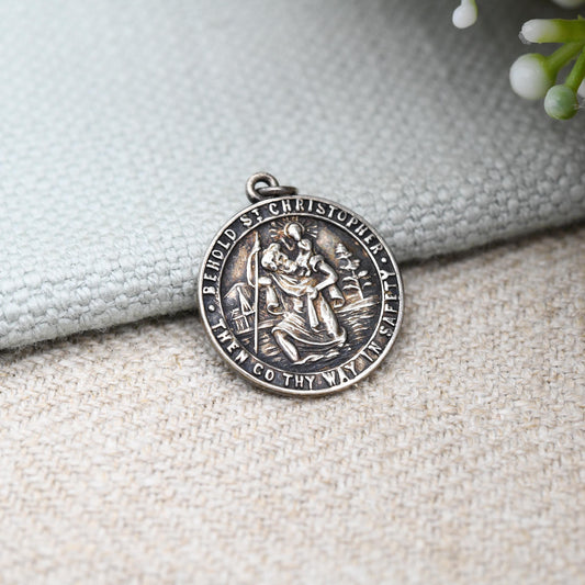 Vintage Nuvo Sterling Silver St. Christopher Charm Pendant - Circle Mid-Century Patron Saint of Travellers | Protect Us Go Thy Way in Safety