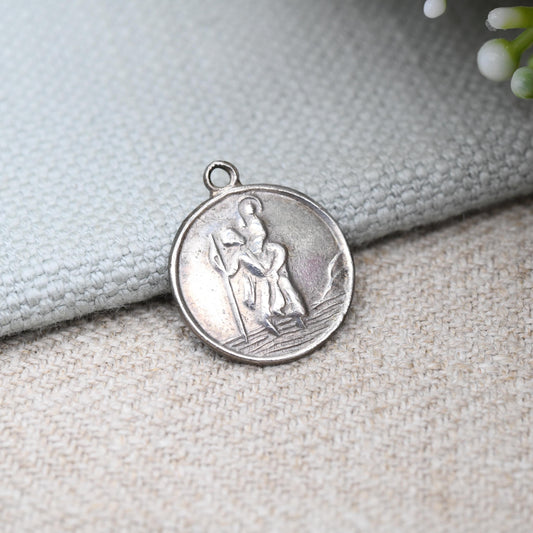 Vintage Sterling Silver St. Christopher Charm Pendant - Small Circle Mid-Century Patron Saint of Travellers | Protect Us | Man Carrying Baby