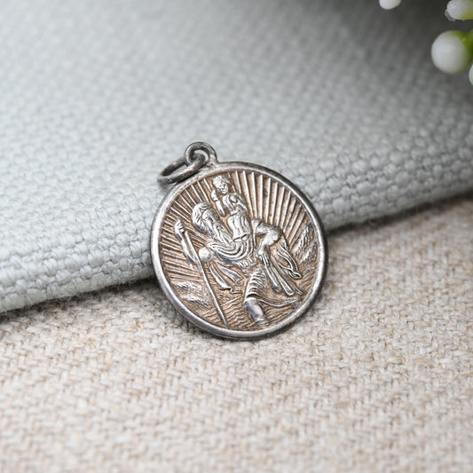 Vintage Sterling Silver St. Christopher Charm Pendant - Small Circle Mid-Century Patron Saint of Travellers | Protect Us | Sunrise Behind