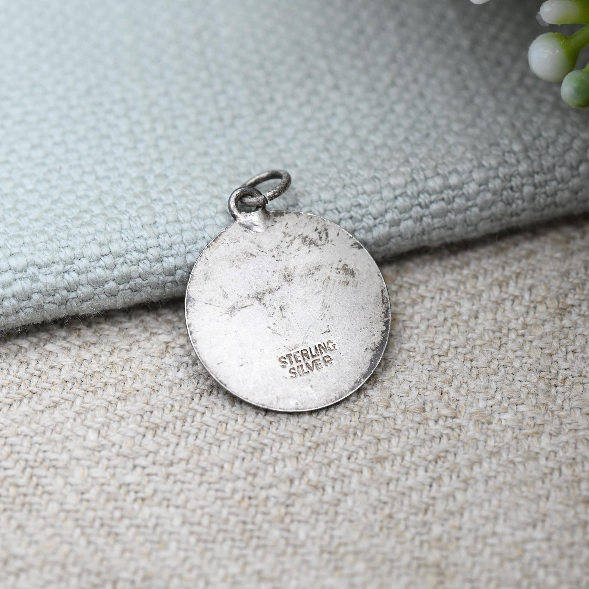 Vintage Sterling Silver St. Christopher Charm Pendant - Small Circle Mid-Century Patron Saint of Travellers | Protect Us | Sunrise Behind
