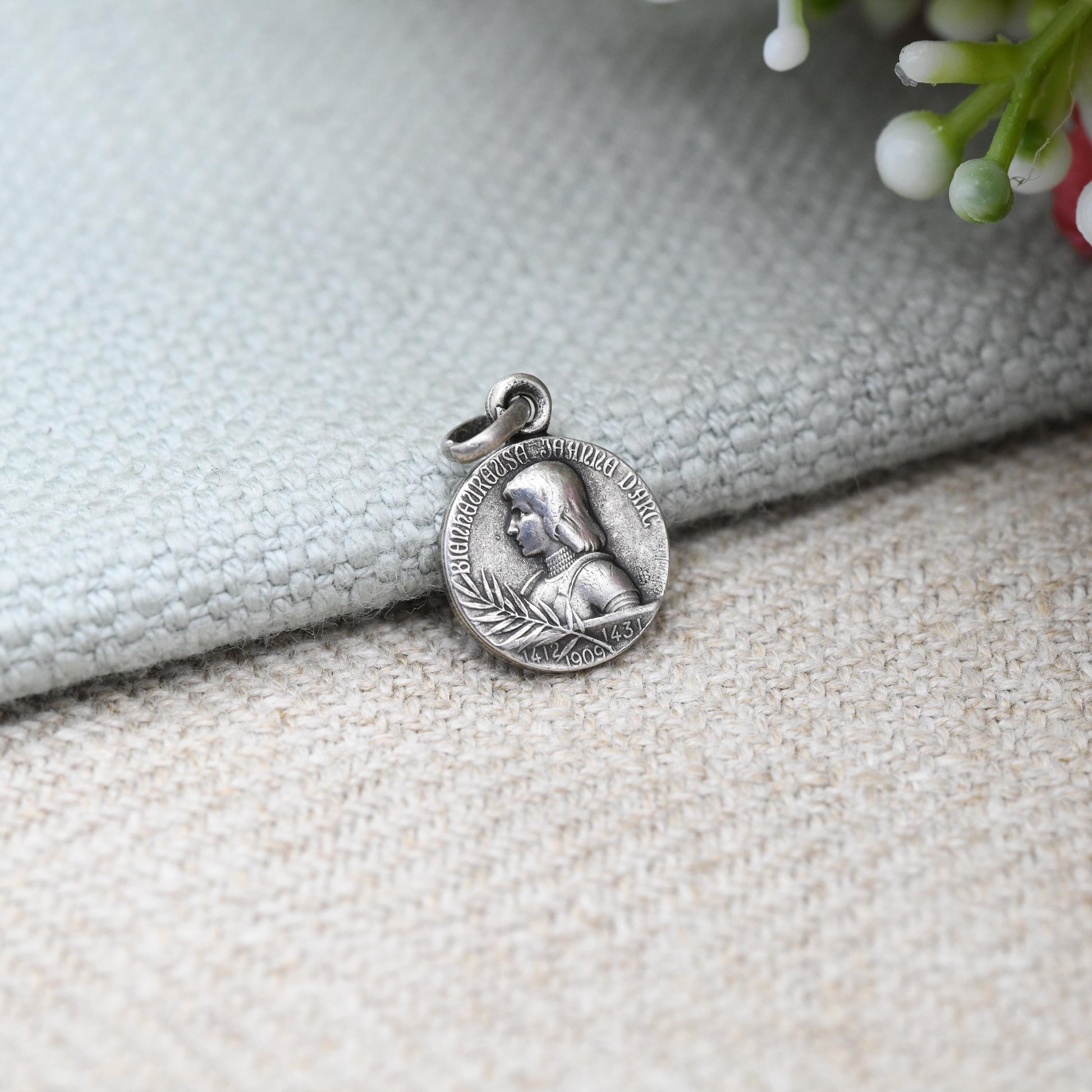 Antique French Silver Joan of Arc Beatification Medal Pendant 1909 by Lavrillier - Edwardian Era Patron Saint of France Souvenir Charm Small