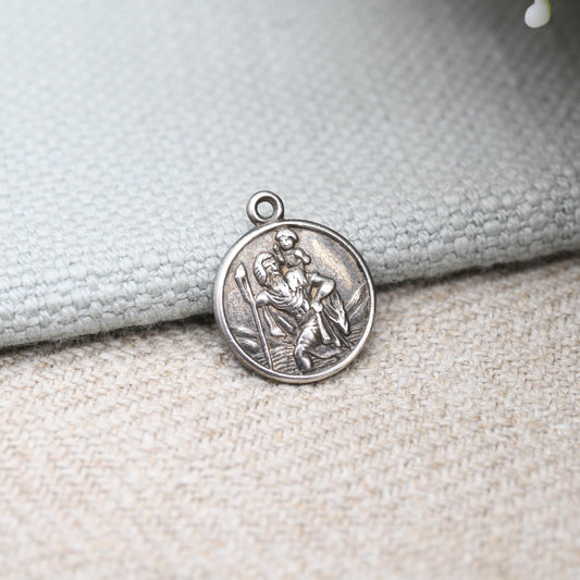 Vintage Sterling Silver St. Christopher Charm Pendant - Small Circle Mid-Century Patron Saint of Travellers | Protect Us | Man Carrying Baby