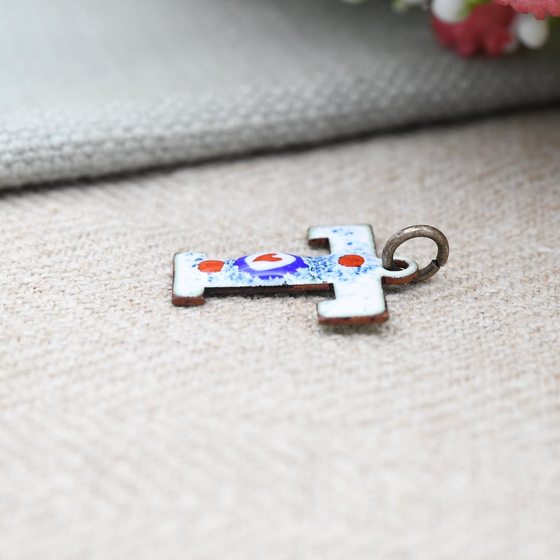 Vintage Enamel Letter T Pendant - Personalised Charm | Colourful Bright Enamel Red Love Heart | Blue and White European Portuguese Style