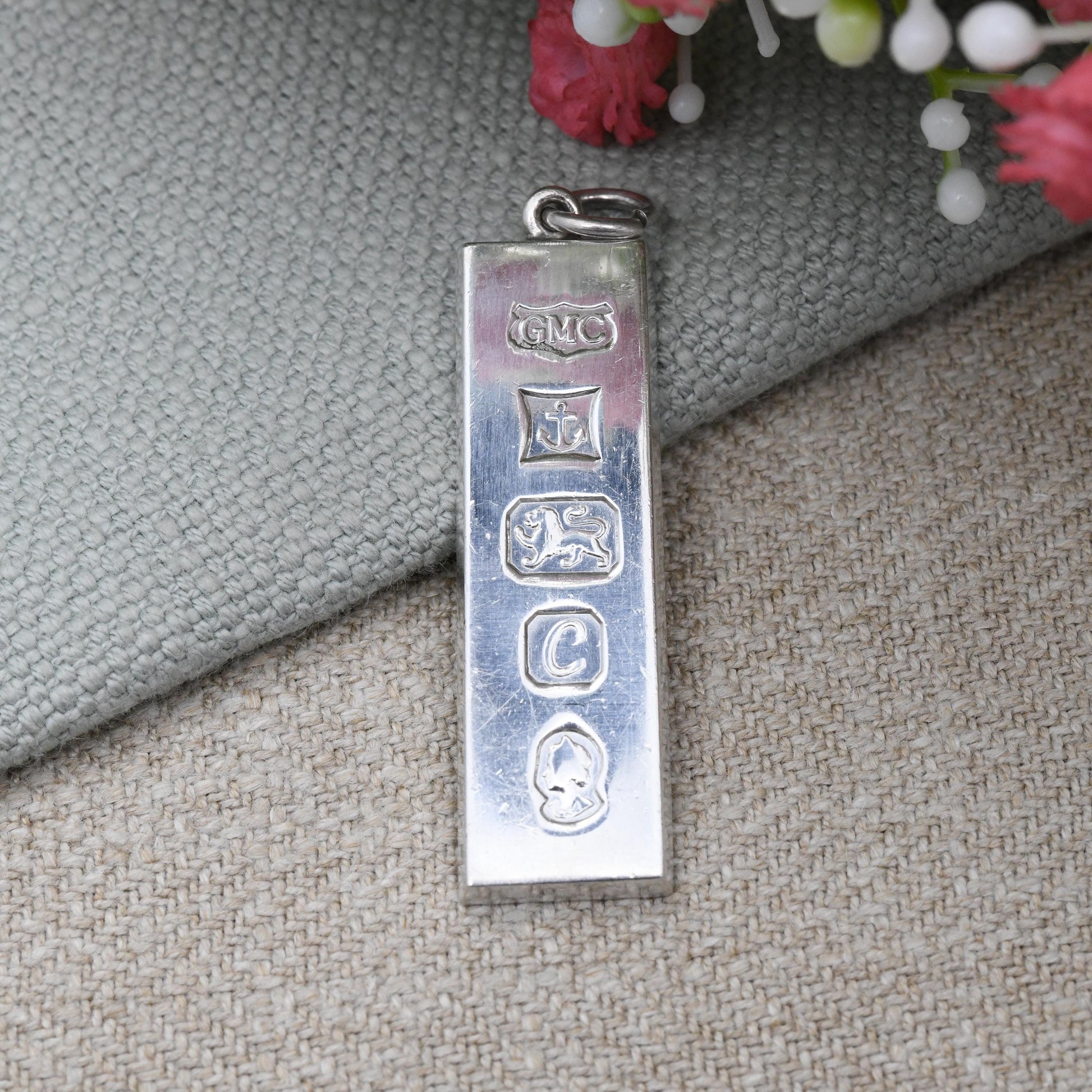 Vintage Sterling Silver Ingot Pendant 1977 with Queen Elizabeth II Silver Jubilee Stamp GMC - Hallmarked in Birmingham Mid-Century Necklace