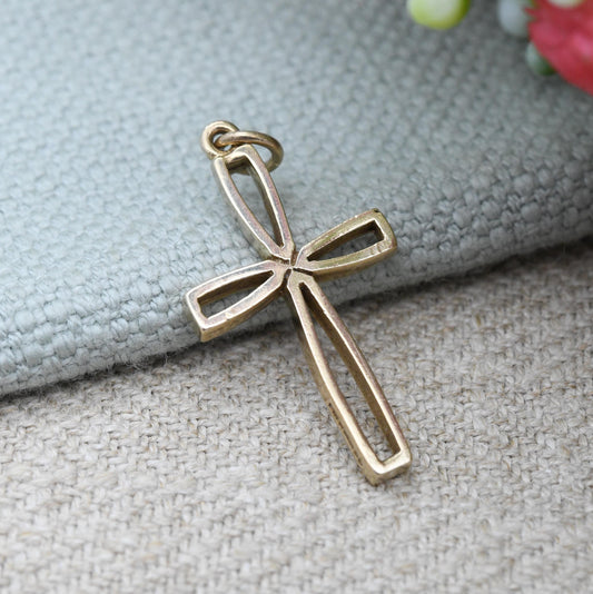Vintage 9ct Gold Open Cross Pendant 1969 Fred Manshaw - Mid-Century Yellow Gold Religious Necklace Jewellery Gift Christening Baptism