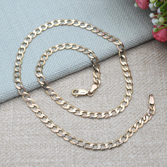 Vintage 9ct Gold Flat Curb Chain Necklace - Unisex 9K Solid Gold Chain | Yellow Gold Everyday Jewellery | 41cm | 16"