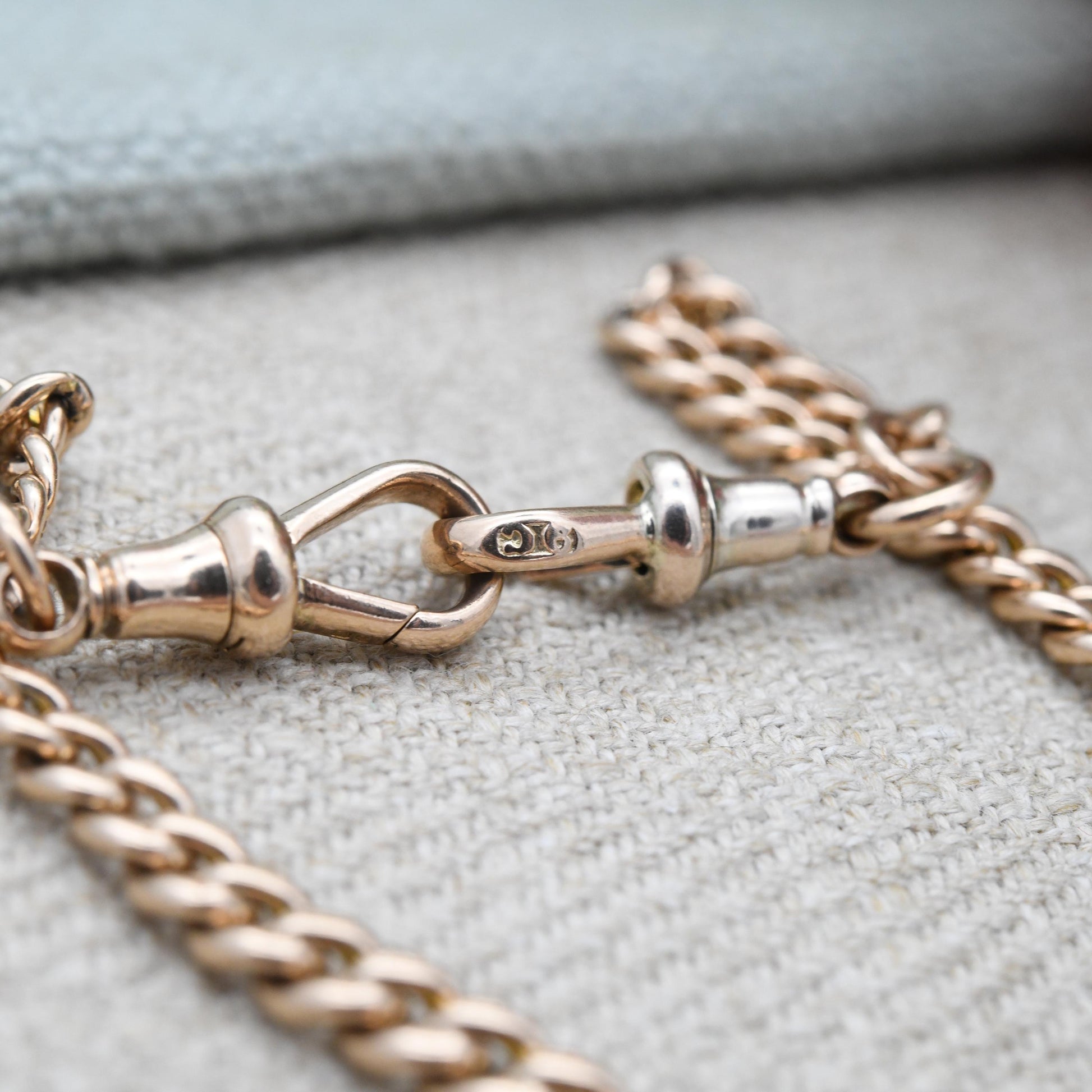 Antique 9ct Gold Watch Chain Necklace 1904 Double Albert with T-Bar and Dog Clips - Chester Edwardian Rose Gold Chunky Solid Chain 15" 38cm