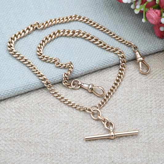 Antique 9ct Gold Watch Chain Necklace 1904 Double Albert with T-Bar and Dog Clips - Chester Edwardian Rose Gold Chunky Solid Chain 15" 38cm