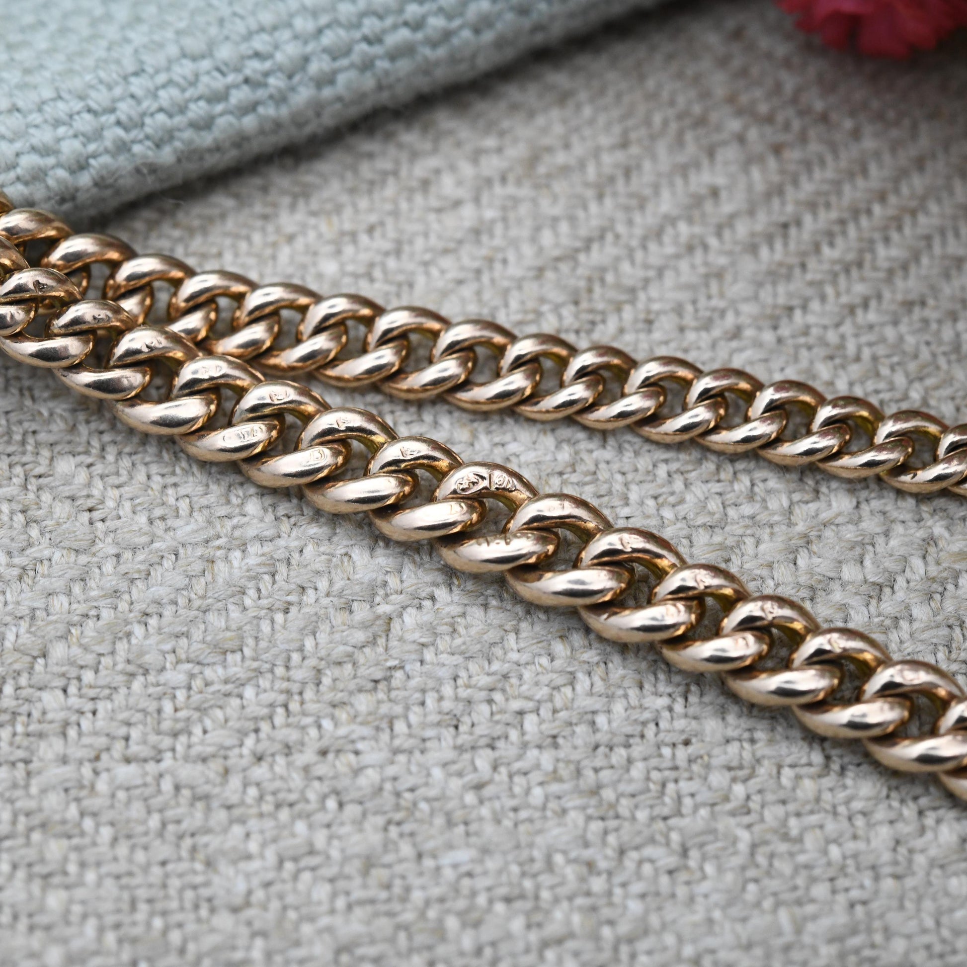 Antique 9ct Gold Watch Chain Necklace 1904 Double Albert with T-Bar and Dog Clips - Chester Edwardian Rose Gold Chunky Solid Chain 15" 38cm