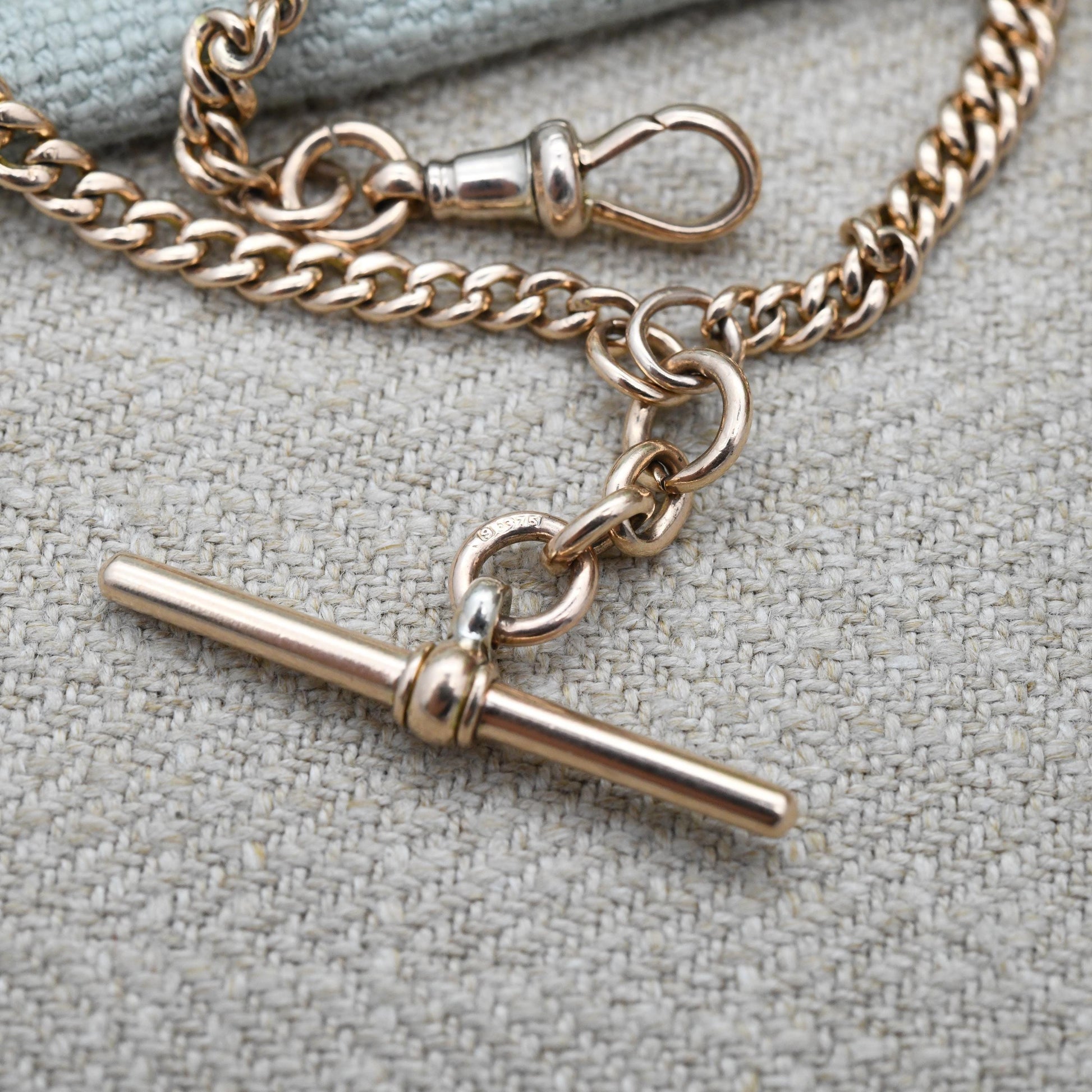 Antique 9ct Gold Watch Chain Necklace 1904 Double Albert with T-Bar and Dog Clips - Chester Edwardian Rose Gold Chunky Solid Chain 15" 38cm
