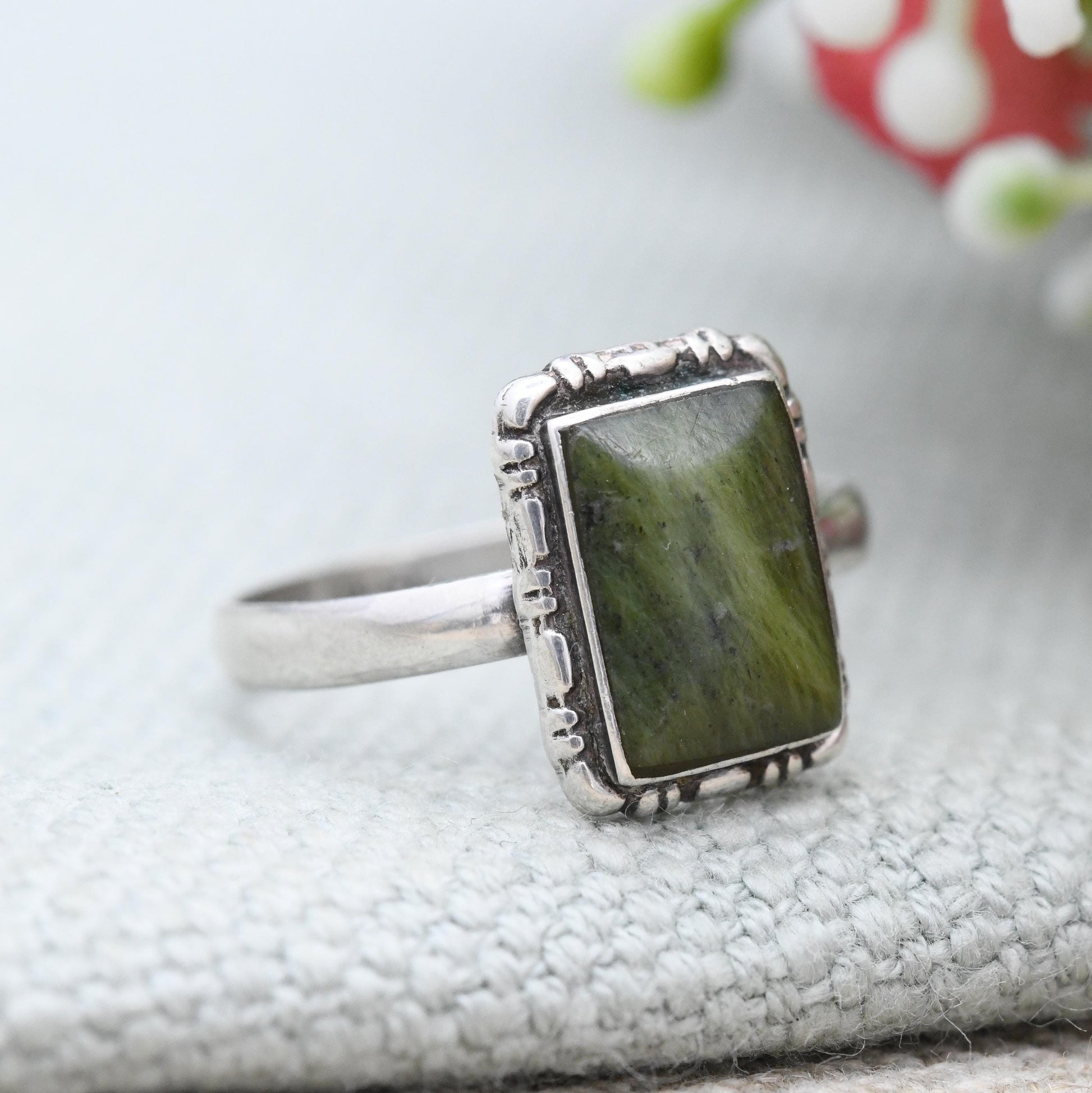 Vintage Sterling Silver Connemara Marble Ring - Collectable Irish Green Stone Jewellery | Dublin Import Hallmark | UK Size - N 1/2 | US - 7