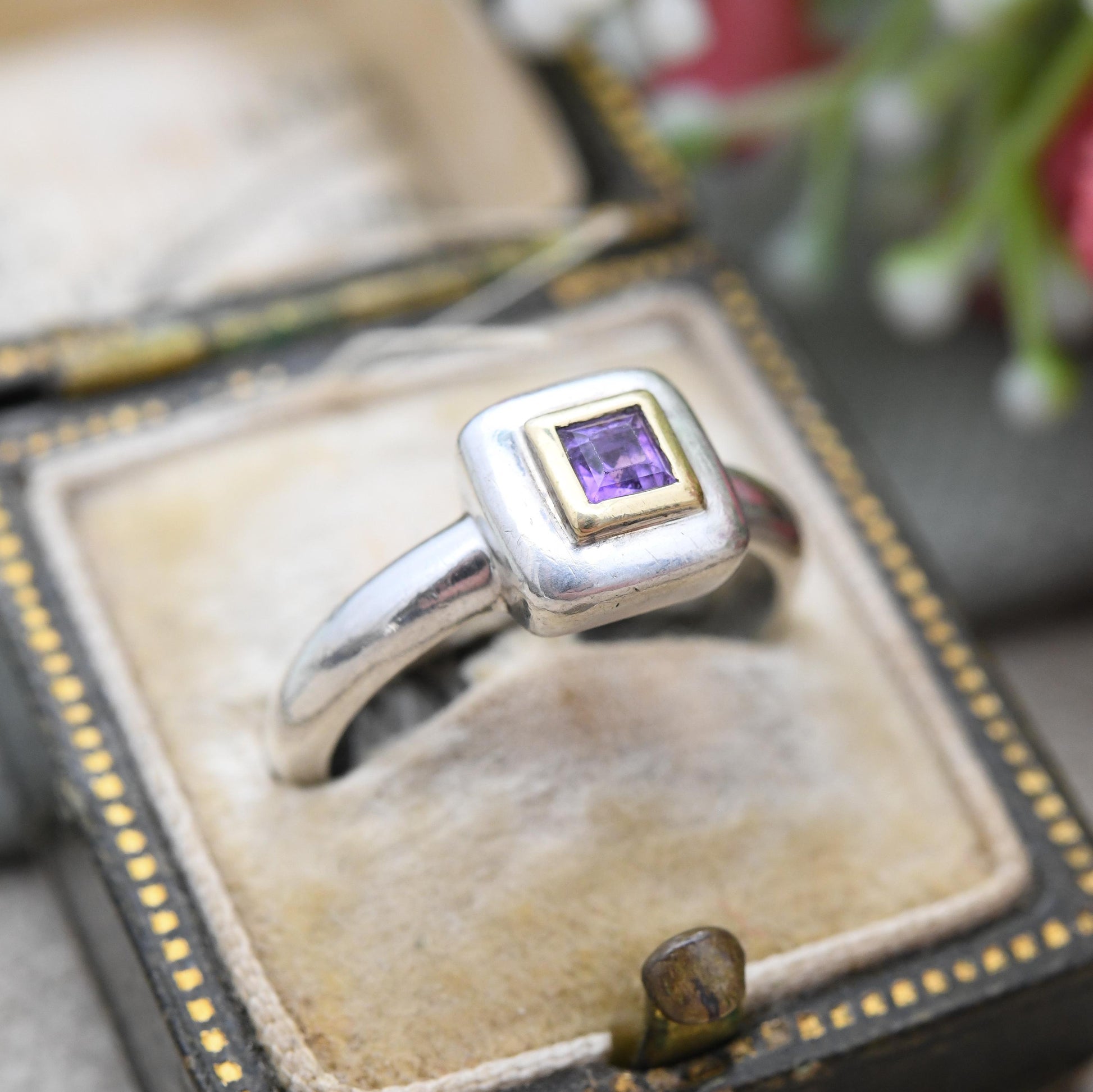 Vintage Links of London Sterling Silver and Gold Amethyst Ring 1999 - Designer Purple Stone Solitaire Y2K | UK Size - K | US Size - 5 1/4