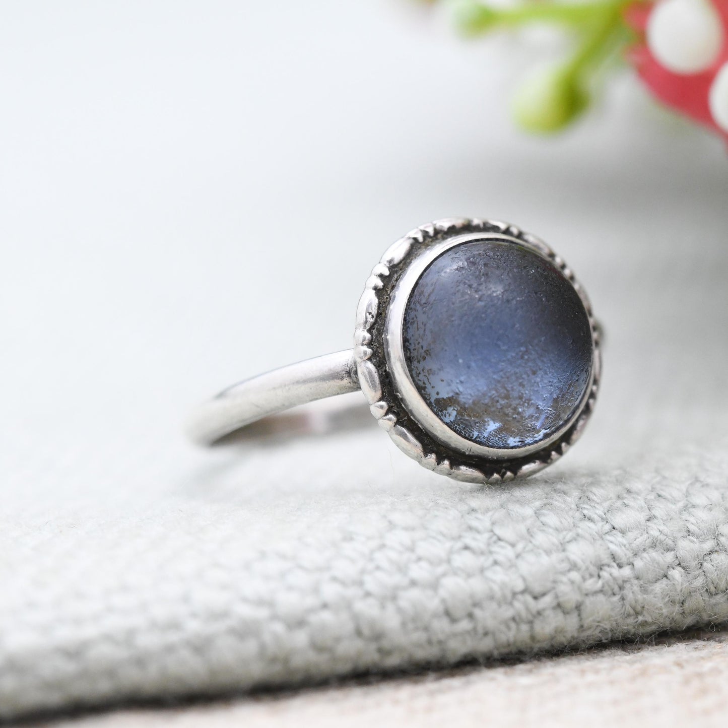 Vintage Sterling Silver Butterfly Wing Ring - Art Deco 1930s 1940s Blue Wing Statement Ring Round Cabochon | UK Size - P | US Size - 7 1/2