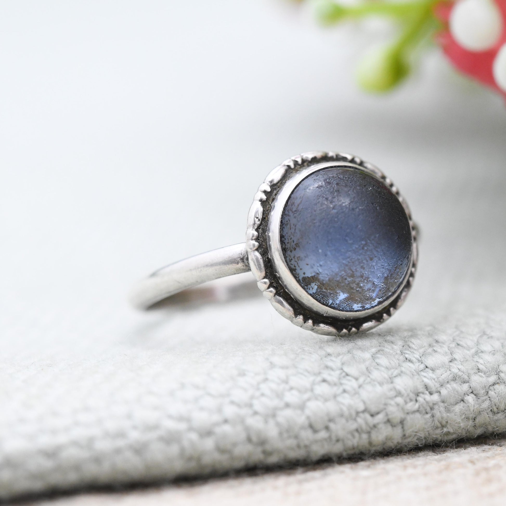 Vintage Sterling Silver Butterfly Wing Ring - Art Deco 1930s 1940s Blue Wing Statement Ring Round Cabochon | UK Size - P | US Size - 7 1/2