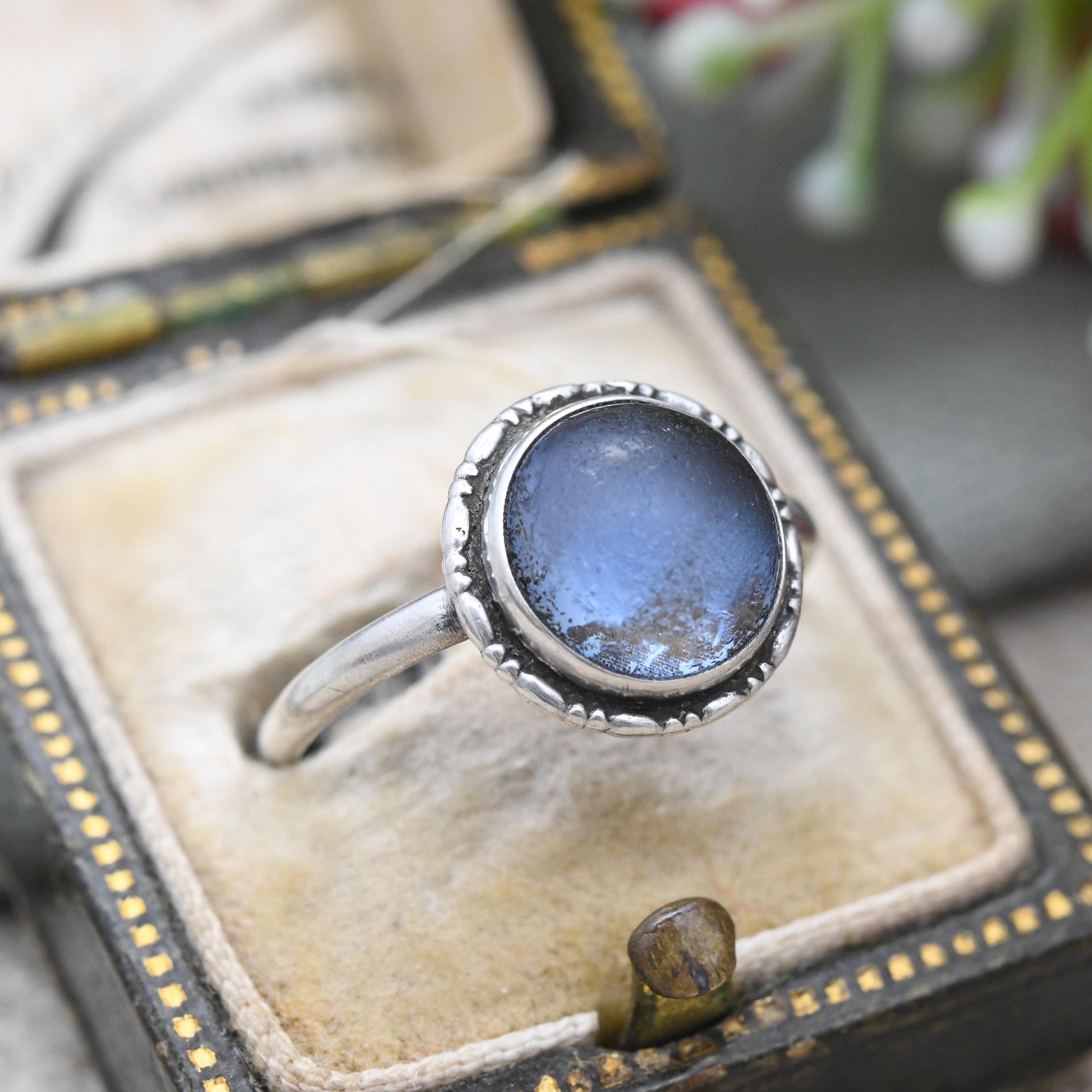 Vintage Sterling Silver Butterfly Wing Ring - Art Deco 1930s 1940s Blue Wing Statement Ring Round Cabochon | UK Size - P | US Size - 7 1/2