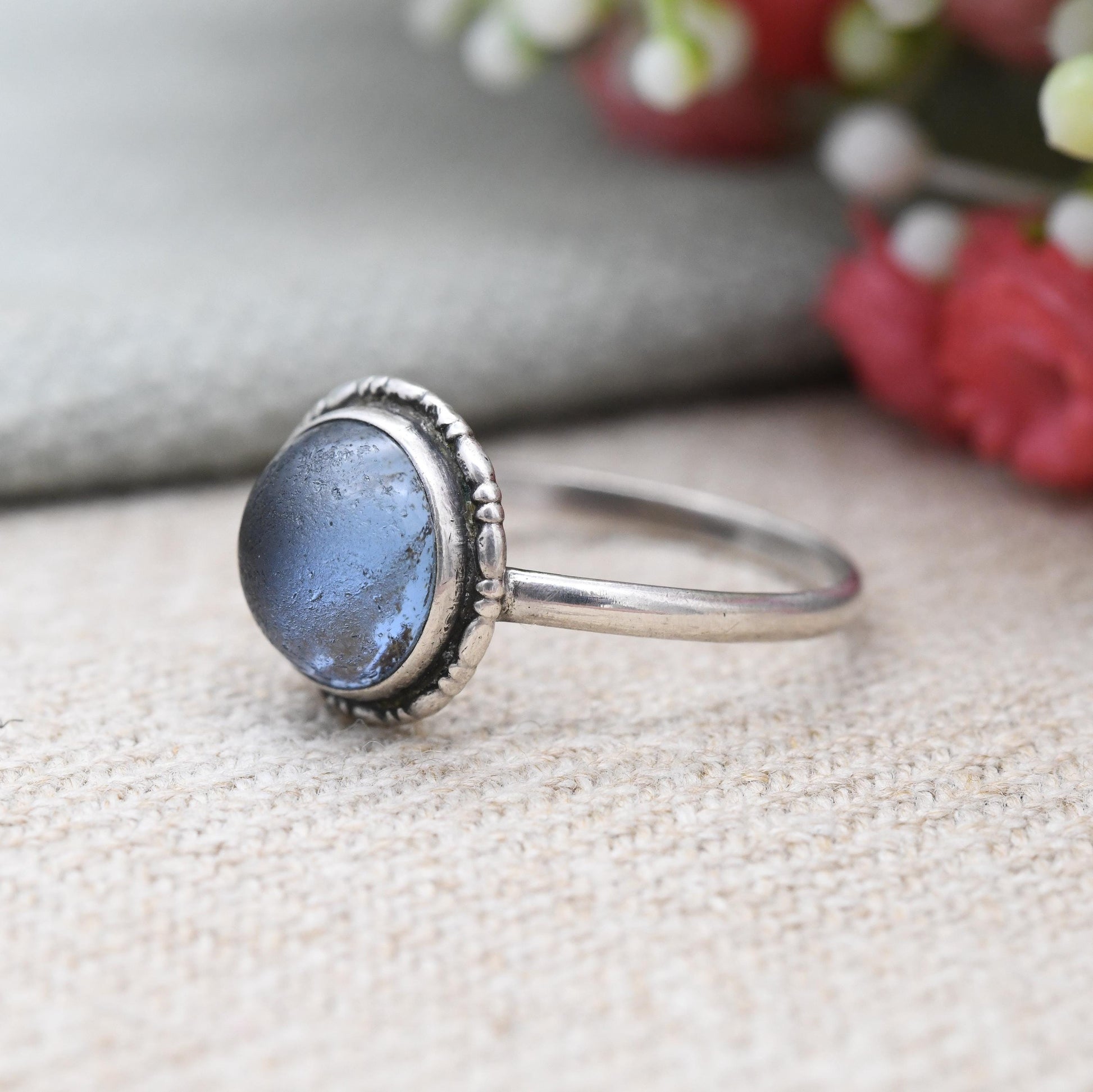 Vintage Sterling Silver Butterfly Wing Ring - Art Deco 1930s 1940s Blue Wing Statement Ring Round Cabochon | UK Size - P | US Size - 7 1/2