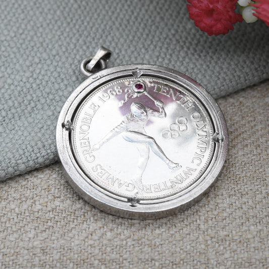 Vintage 1968 Silver Olympics Medal Pendant Set with Ruby - 19th Mexico City Summer Games 10th Grenoble Winter Games | Commemorative Souvenir