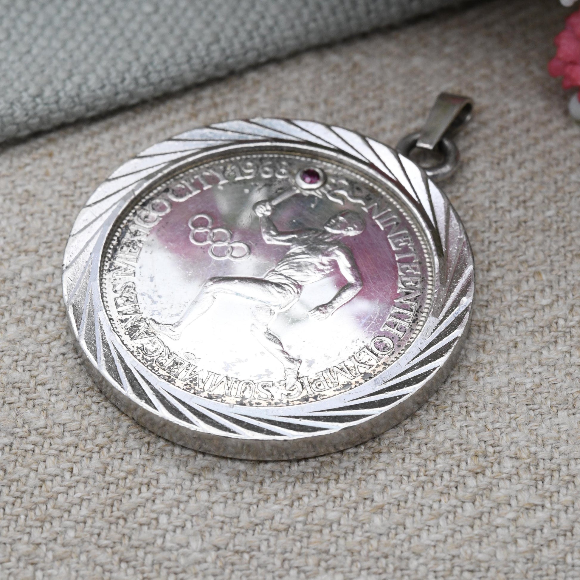 Vintage 1968 Silver Olympics Medal Pendant Set with Ruby - 19th Mexico City Summer Games 10th Grenoble Winter Games | Commemorative Souvenir
