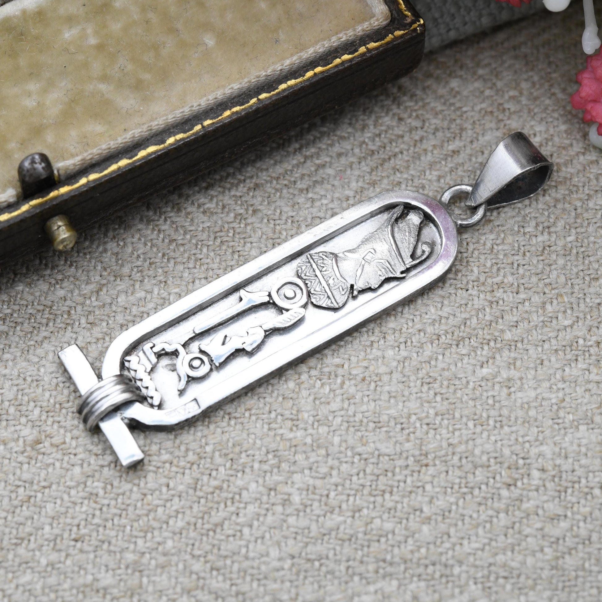 Vintage Egyptian Silver Cartouche Pendant with Hieroglyphs and Pharaoh - Ancient Hieroglyphic Symbols | Mid-Century Egypt Ingot