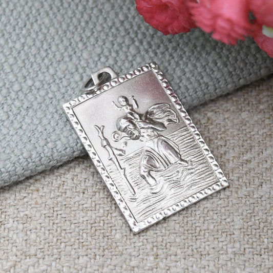 Vintage Sterling Silver St. Christopher Pendant - Rectangle Shape Border | Patron Saint of Travelling | Christian Religious Jewellery