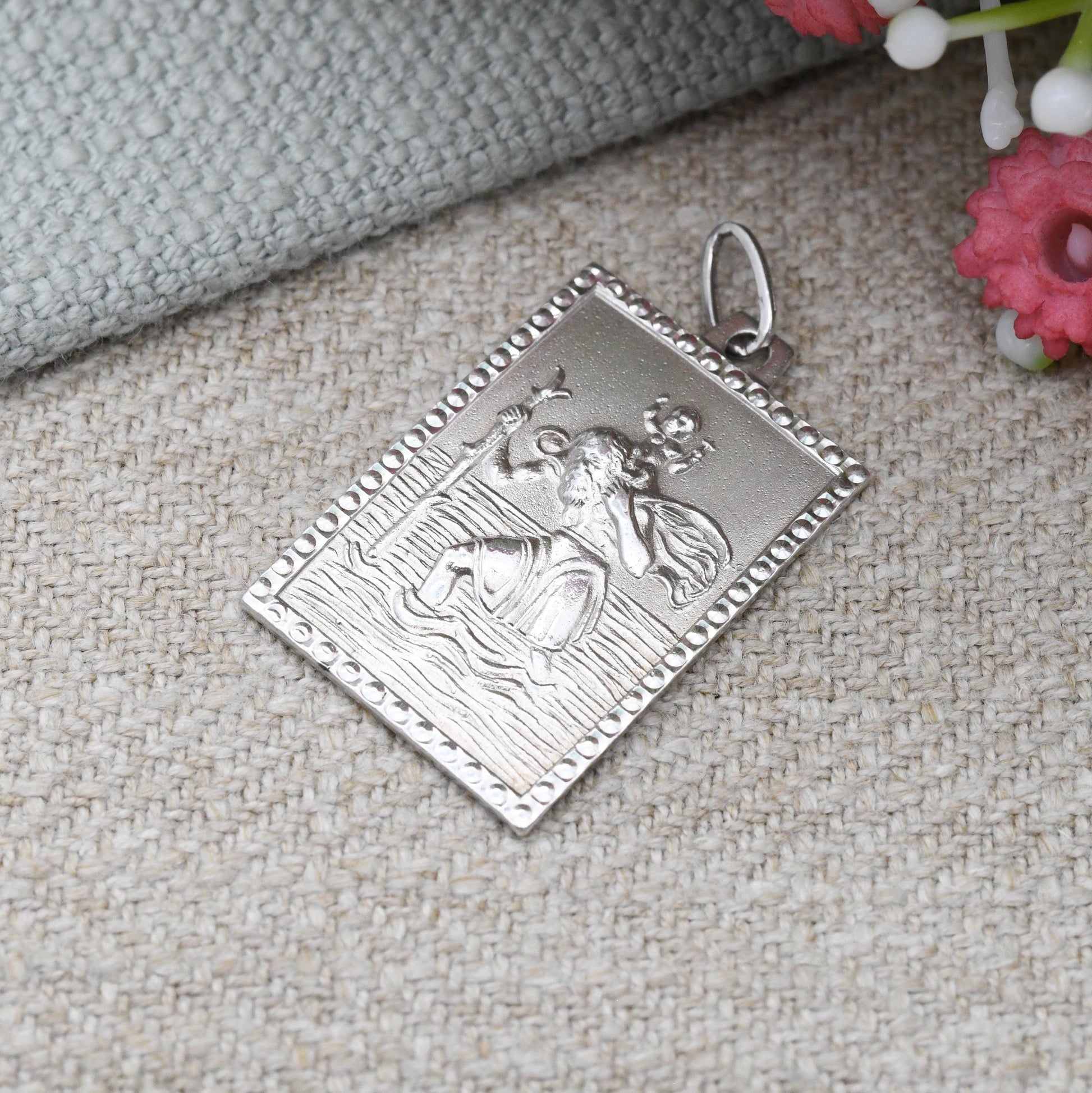 Vintage Sterling Silver St. Christopher Pendant - Rectangle Shape Border | Patron Saint of Travelling | Christian Religious Jewellery