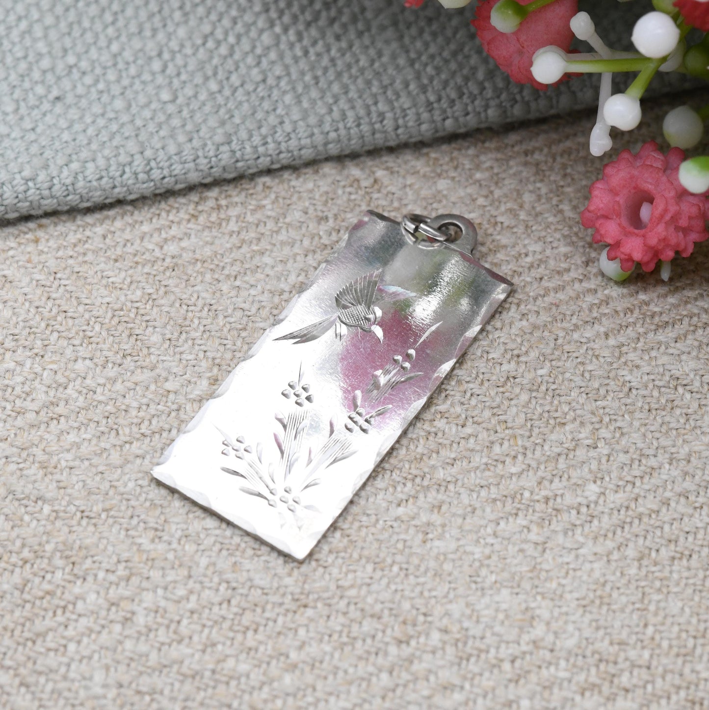 Vintage Sterling Silver Kingfisher Pendant Hand Engraved - Bird in Rush Bulrush | Aesthetic Style Engraving | Mid-Century Rectangle
