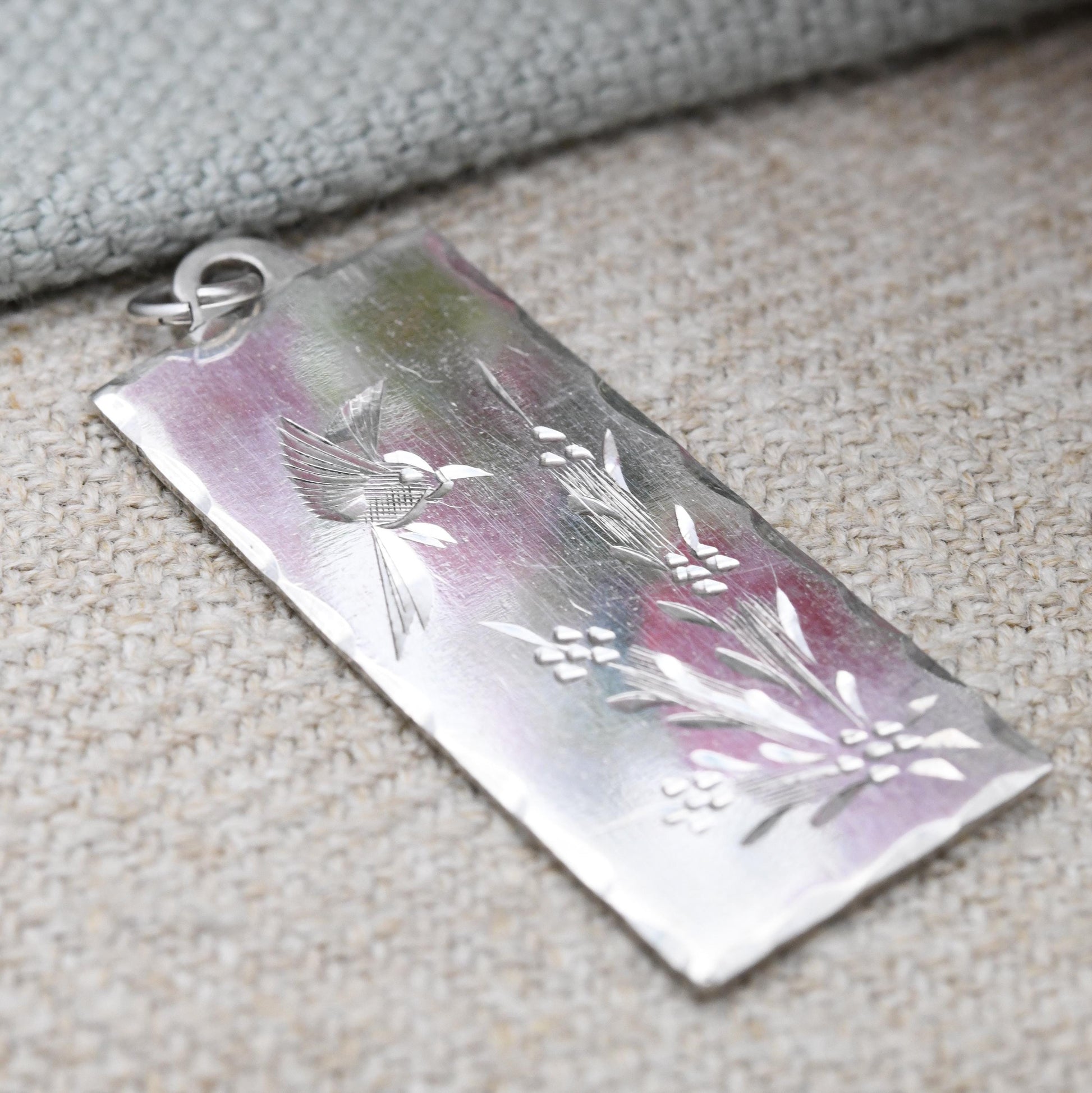 Vintage Sterling Silver Kingfisher Pendant Hand Engraved - Bird in Rush Bulrush | Aesthetic Style Engraving | Mid-Century Rectangle