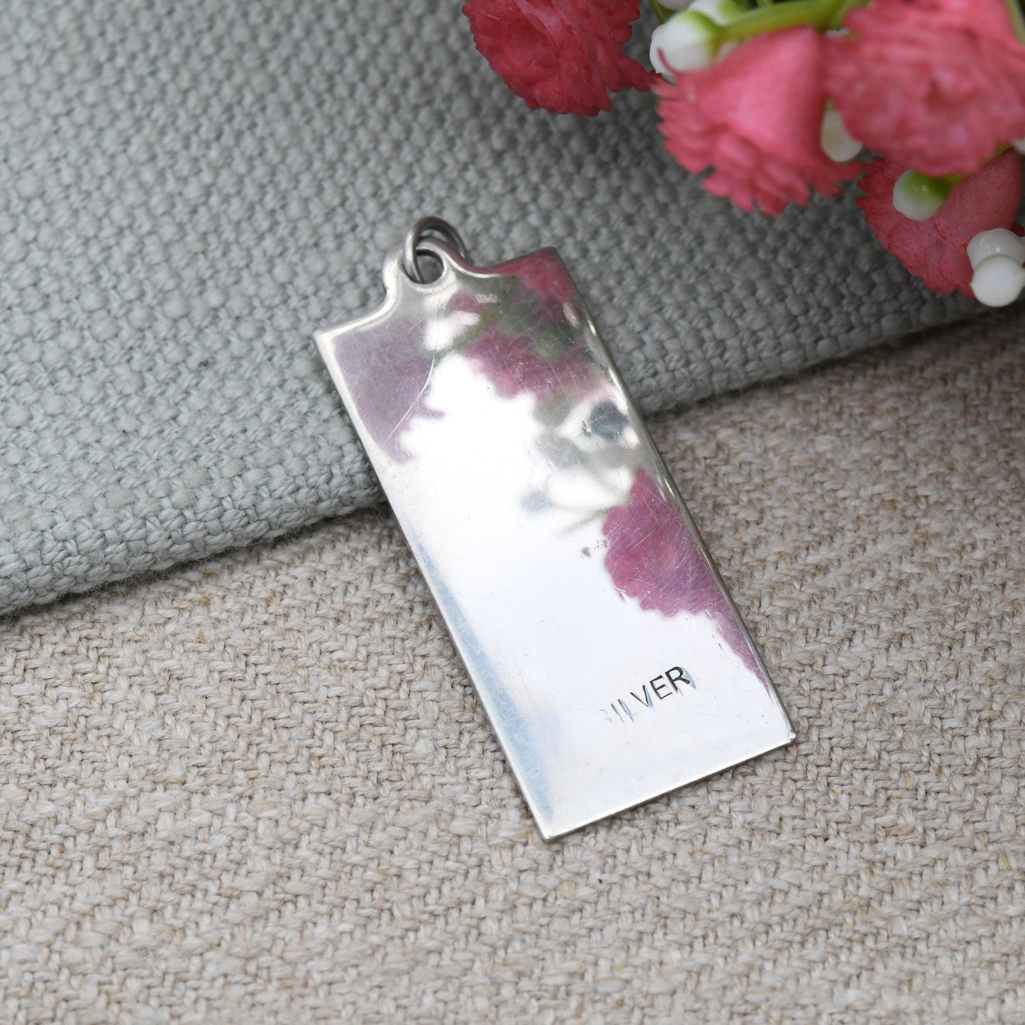 Vintage Sterling Silver Kingfisher Pendant Hand Engraved - Bird in Rush Bulrush | Aesthetic Style Engraving | Mid-Century Rectangle