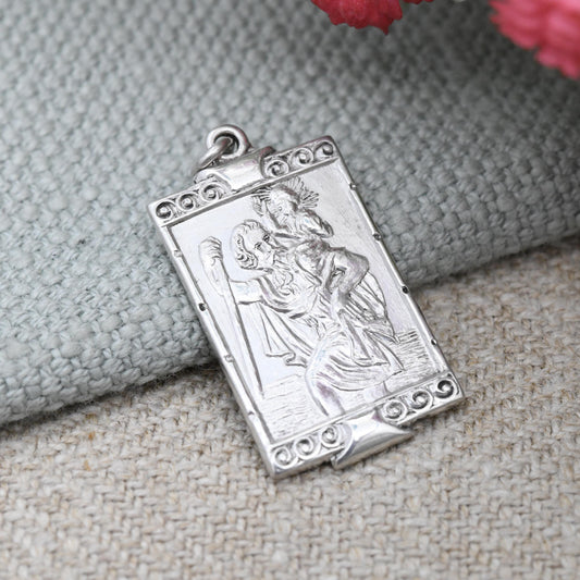 Vintage Sterling Silver St. Christopher Charm Pendant 1978 - Rectangle Shaped Scroll Design | Saint Gift for Travel Lover Wanderlust