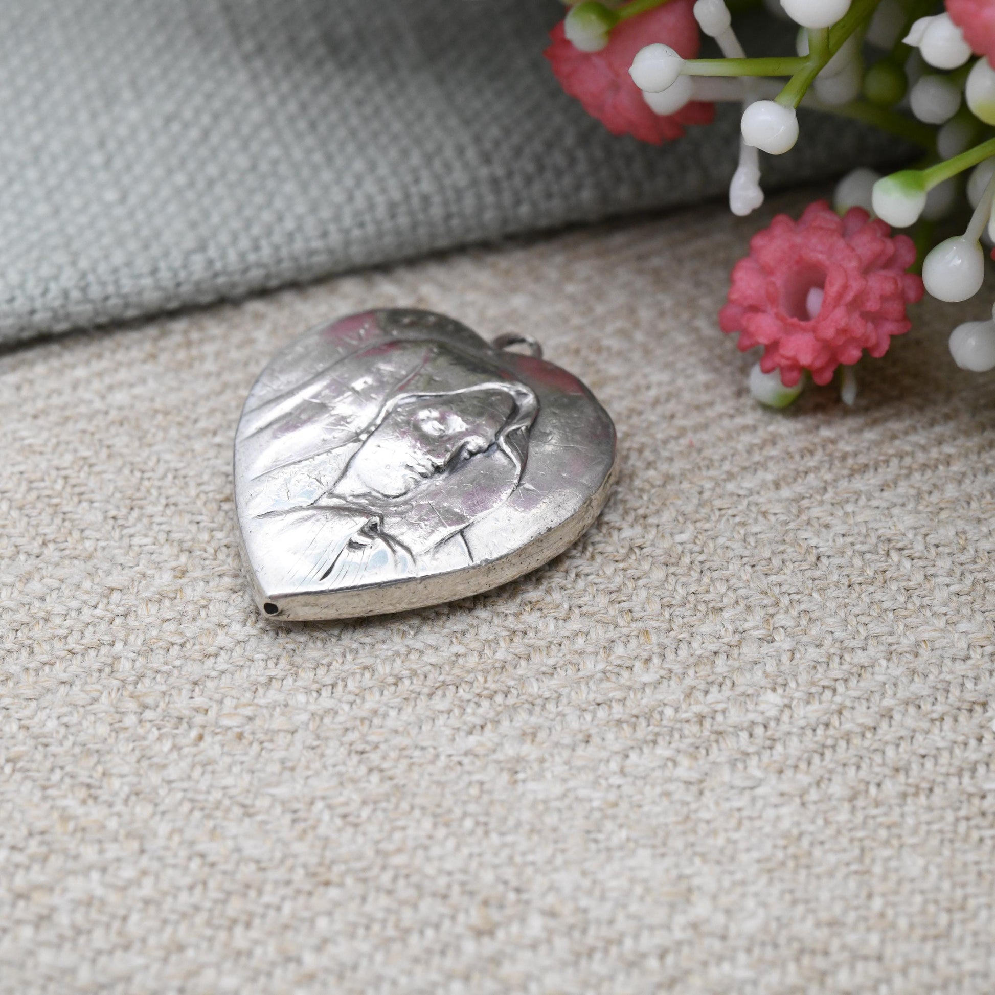 Antique Silver Virgin Mary Heart Pendant with Repoussé Portrait - Vintage Christian Catholic Token | Puffed Love Heart Necklace Charm