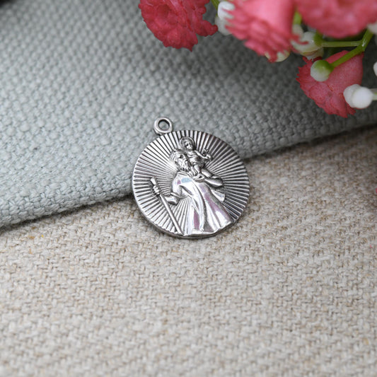 Vintage Sterling Silver St. Christopher Pendant with Halo Design - Mid-Century Textured 3D Solid Silver Charm | Patron Saint of Travellers
