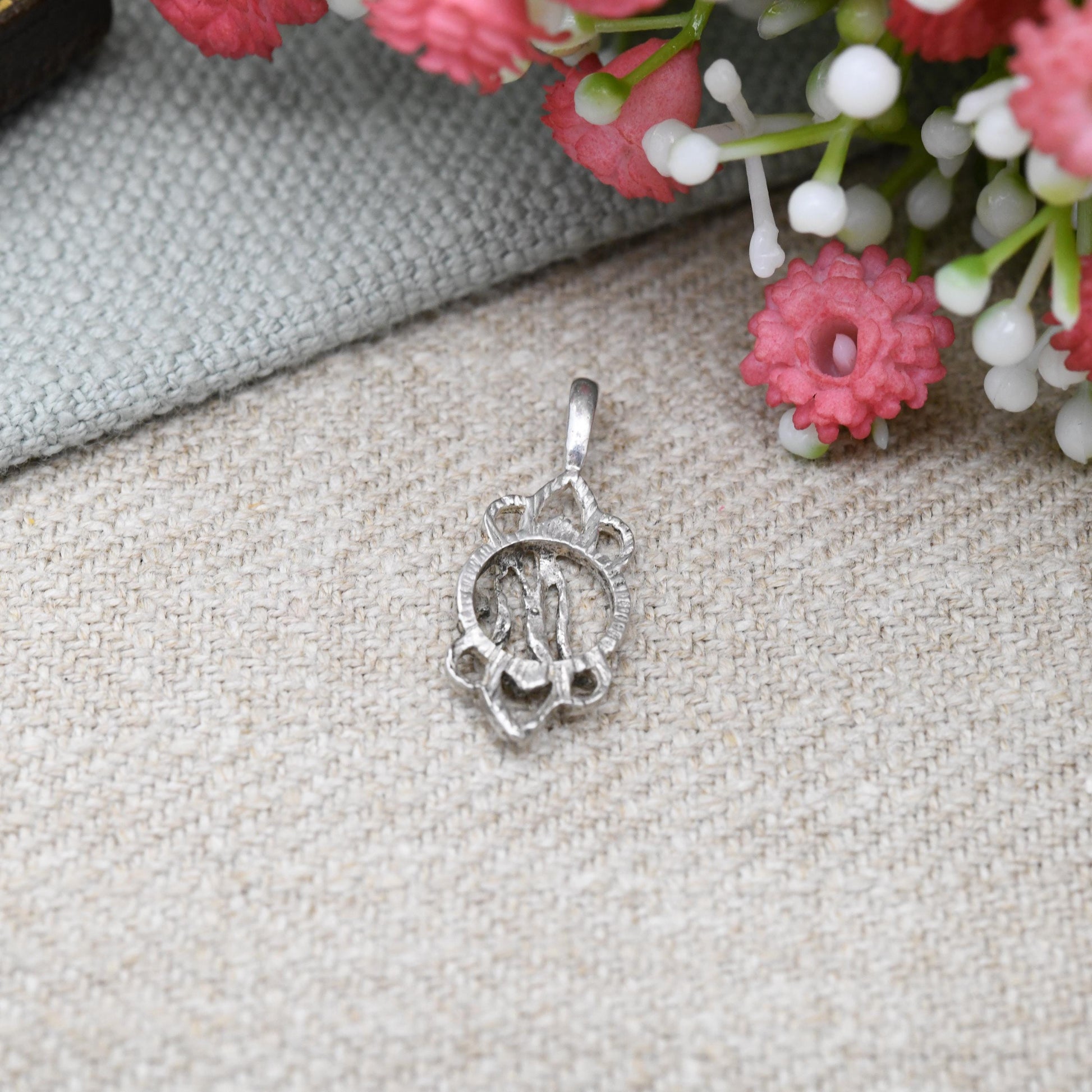 Vintage Sterling Silver Letter M Pendant with Ornate Open Border - Cute Initial Gift Mid-Century Necklace Charm Personalised Jewellery