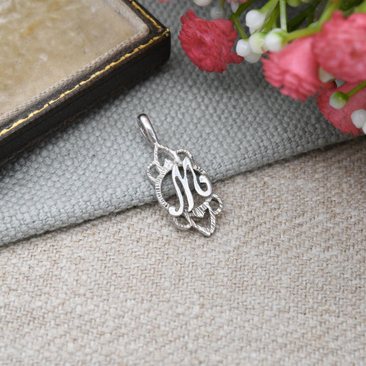 Vintage Sterling Silver Letter M Pendant with Ornate Open Border - Cute Initial Gift Mid-Century Necklace Charm Personalised Jewellery