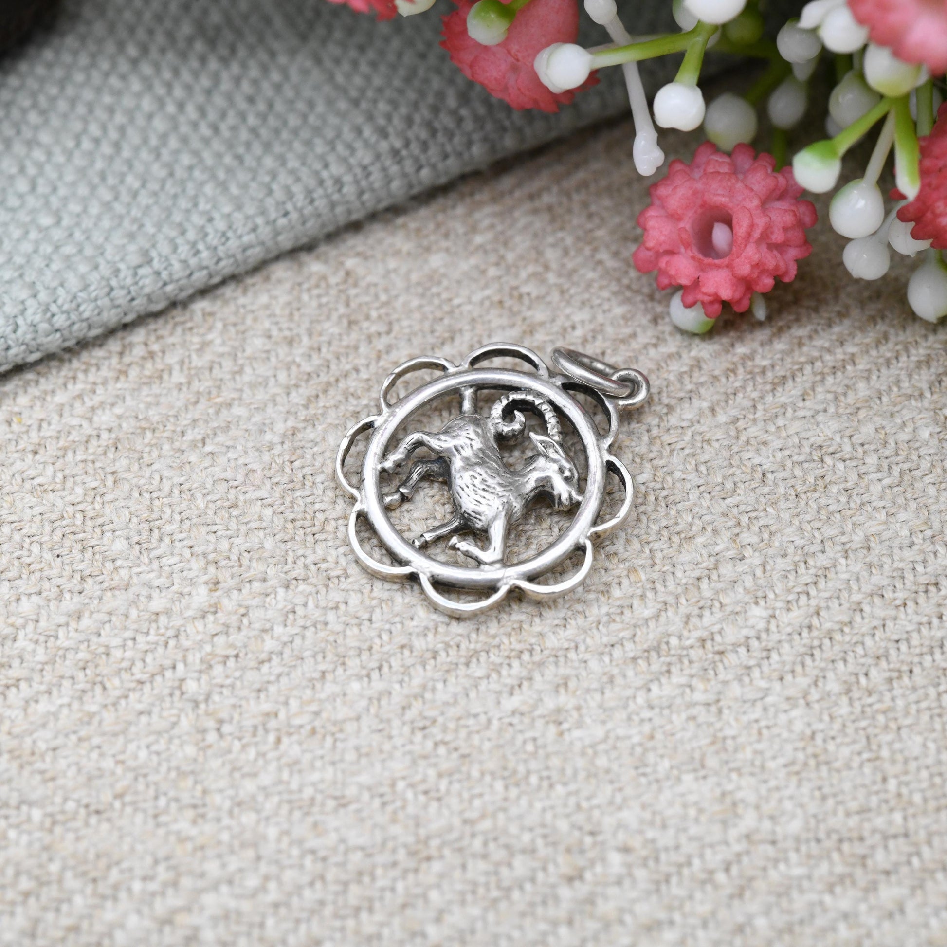 Vintage Sterling Silver Aries Charm Pendant - Ram Goat Astrological Zodiac Star Sign Symbol | c. 1970s Mid-Century March April Birthday Gift