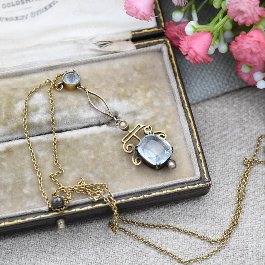 Antique 9ct Gold Aquamarine and Pearl Necklace - Integral Pendant Edwardian Split Pearls Pretty Blue Stone Drop Delicate Gold Jewellery Gift