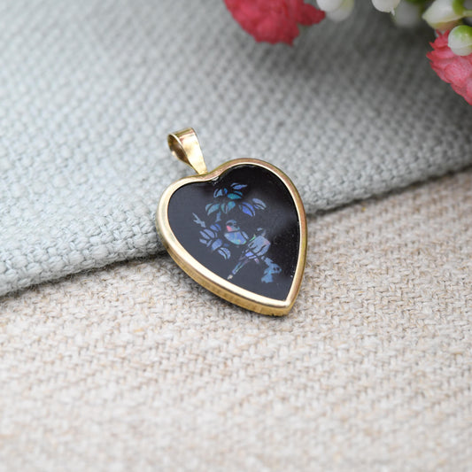 Vintage 9ct Gold Opal and Onyx Heart Pendant Lovebirds Image - Pretty Black Heart Shaped Charm for Necklace | Sweet Gift for Her