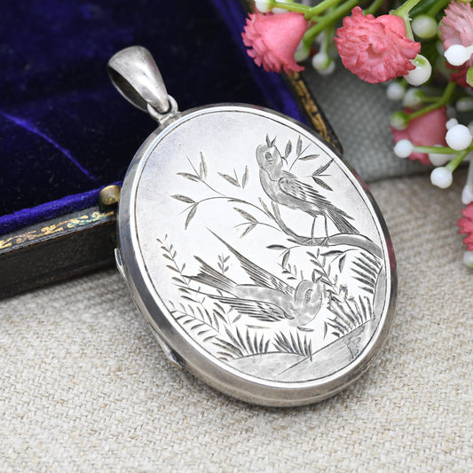 Antique Victorian Sterling Silver Locket with Swallows Aesthetic Movement - Large Oval Pendant Hand Engraved | Hairwork and Picture Inside
