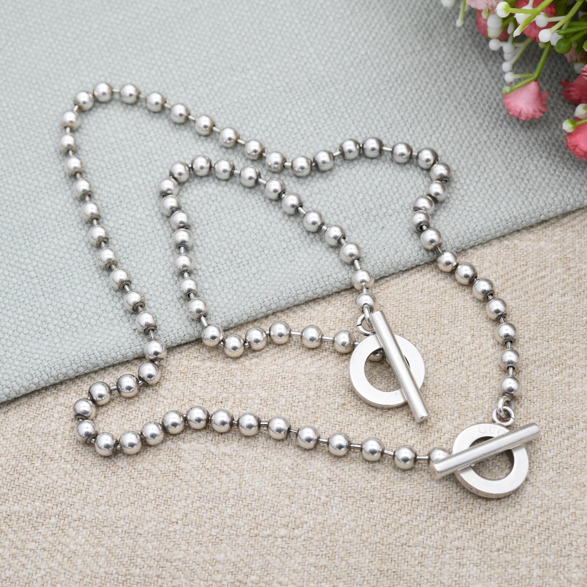 Gucci Boule Necklace and Bracelet Set Sterling Silver with Toggle and Ring Clasp - Beaded Popcorn Ball Chain | T-Bar Clasp | Signed Designer
