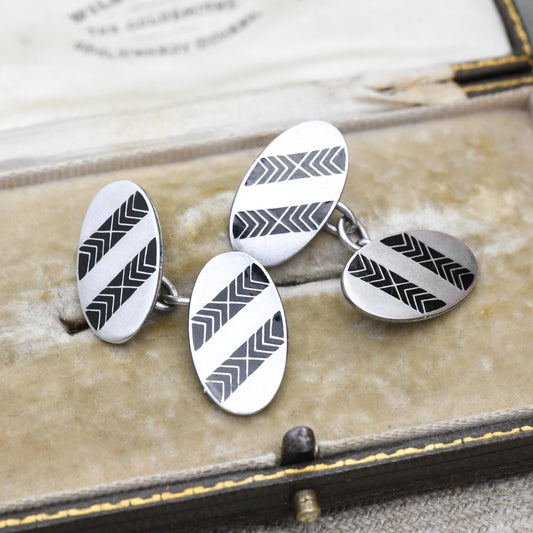 Vintage Sterling Silver Black Enamel Cufflinks - c. 1950s Mid-Century Minimal Silver Jewellery Gift for Him Oval Chain Links Geometric Arrow