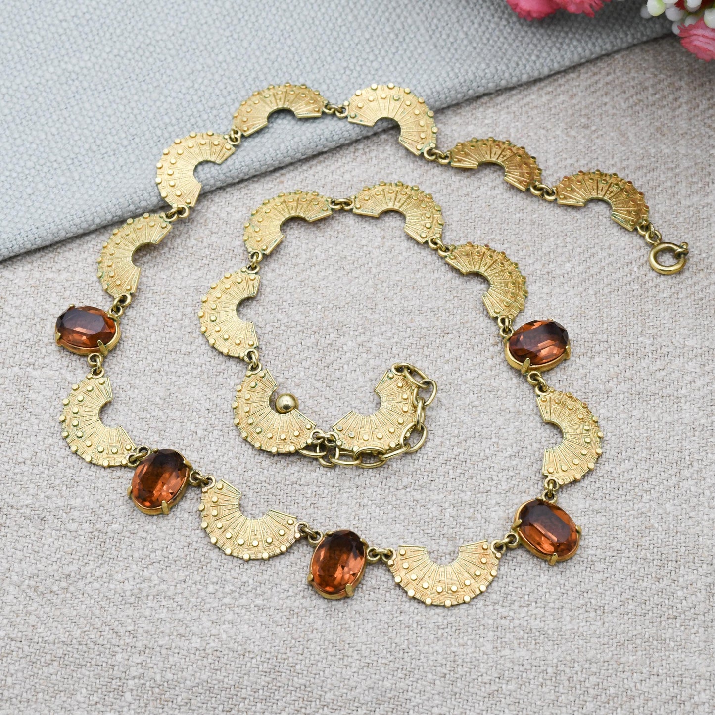 Vintage Kordes and Lichtenfels 14ct Rolled Gold Fan Panel Necklace Brown Stone - Mid-Century Textured Costume Jewellery German Designers K&L