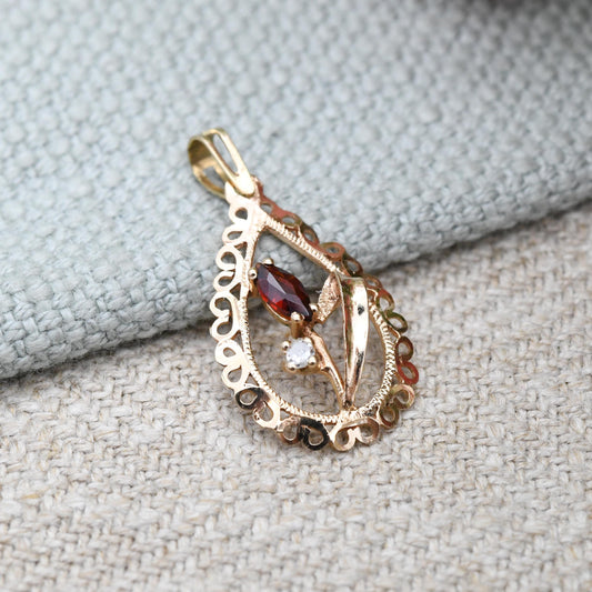 Vintage 9ct Gold Garnet Flower Pendant with White Stone - Marquise Red Stone | Bulrush Tulip | Pretty January Birthstone Jewellery Gift