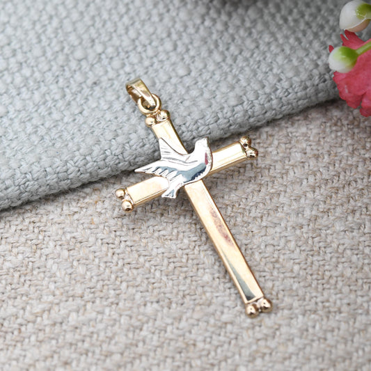Vintage 9ct Gold Cross Pendant with White Gold Dove of Peace - Pretty Yellow Gold Christian Religious Necklace Gift Christening Baptism