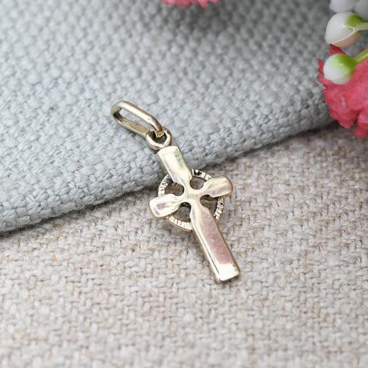 Vintage 9ct Gold Celtic Cross Charm Pendant - Little Solid Yellow Gold Cross Christian Religious Necklace Gift for Christening Baptism