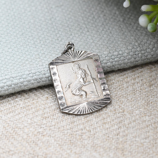 Vintage Sterling Silver St. Christopher Pendant - Rounded Rectangle Shape Starburst Border | Patron Saint of Travelling Religious Jewellery