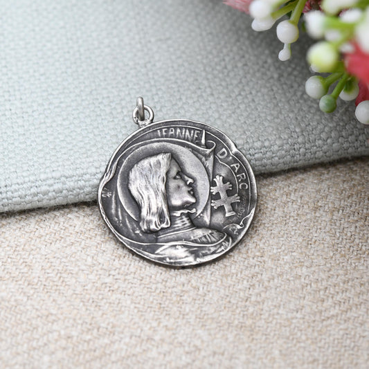 Antique Silver Joan of Arc Medal Pendant Armand Bargas c. 1910 - Jeanne D'Arc Patron Saint of France French Cross of Lorraine | Art Nouveau