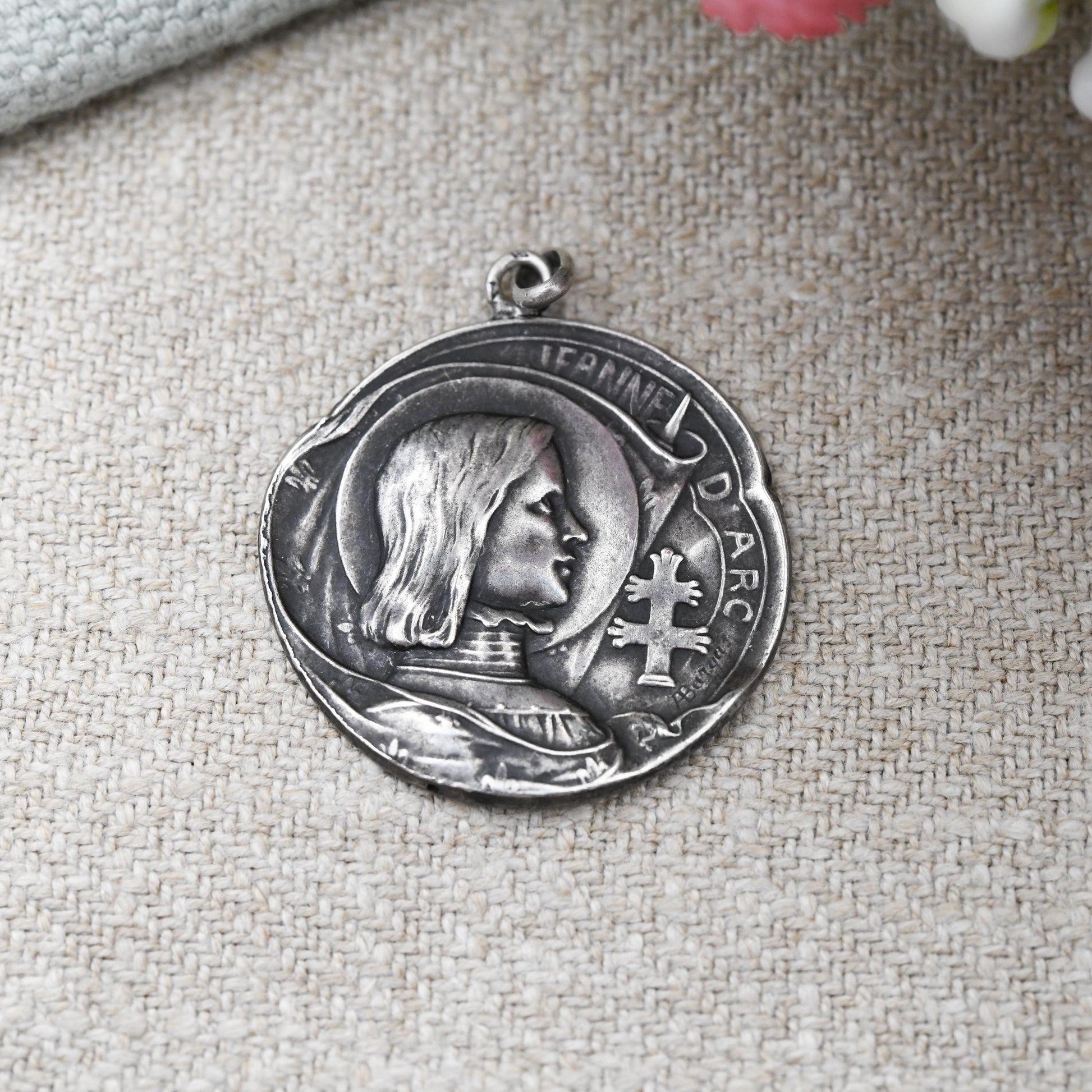 Antique Silver Joan of Arc Medal Pendant Armand Bargas c. 1910 - Jeanne D'Arc Patron Saint of France French Cross of Lorraine | Art Nouveau