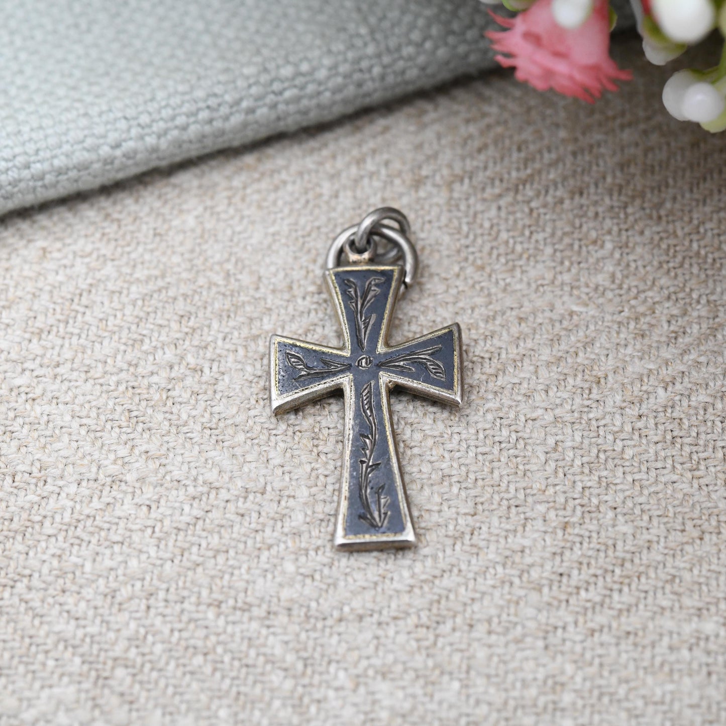 Vintage Engraved Silver Cross Pendant with Black Niello - Sweet Christening Jewellery Gift Present for Christian True Vintage Hand Engraving